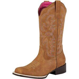 SheSole Western Boots Women's Tan Faux Leather Fashion Square Toe Wide Mid Calf